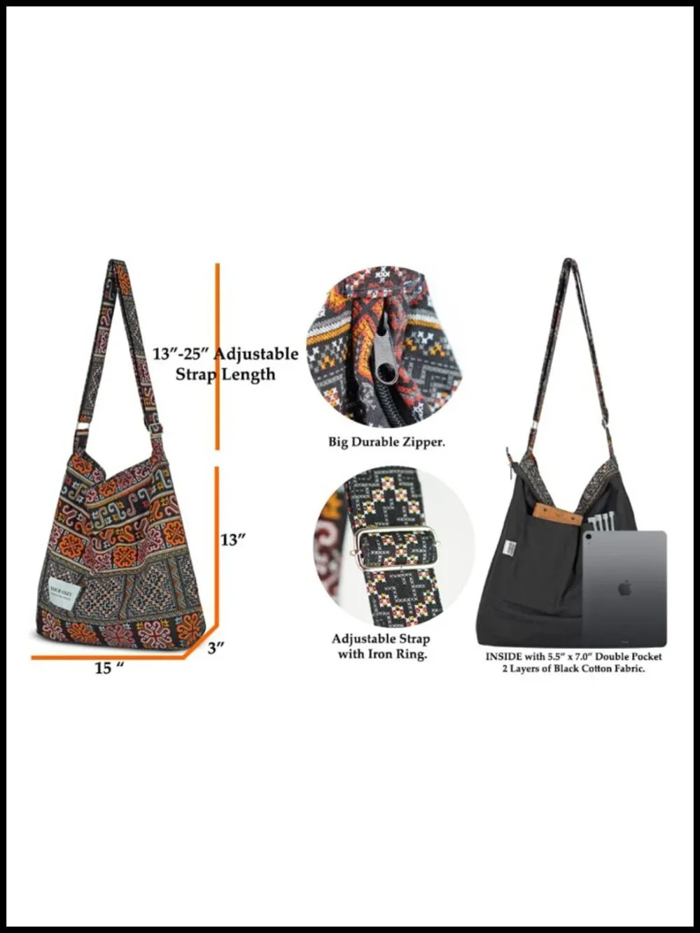 Large Cotton Hobo Crossbody Bag, Adjustable Strap, Casual Boho Purse